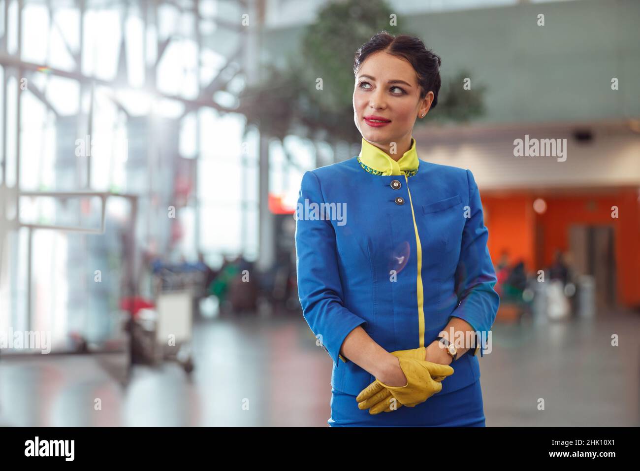 Mujer auxiliar de vuelo de pie en la terminal del aeropuerto Foto de stock