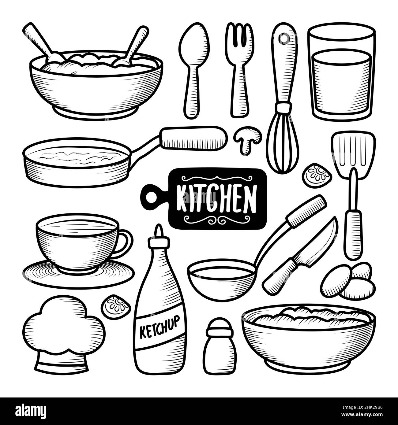 Conjunto De Utensilios De Cocina Y Cocina Dibujo Manual Lineal En Blanco Y  Negro, Aislado En Vectores Ilustración del Vector - Ilustración de  agujeros, cartel: 166686777