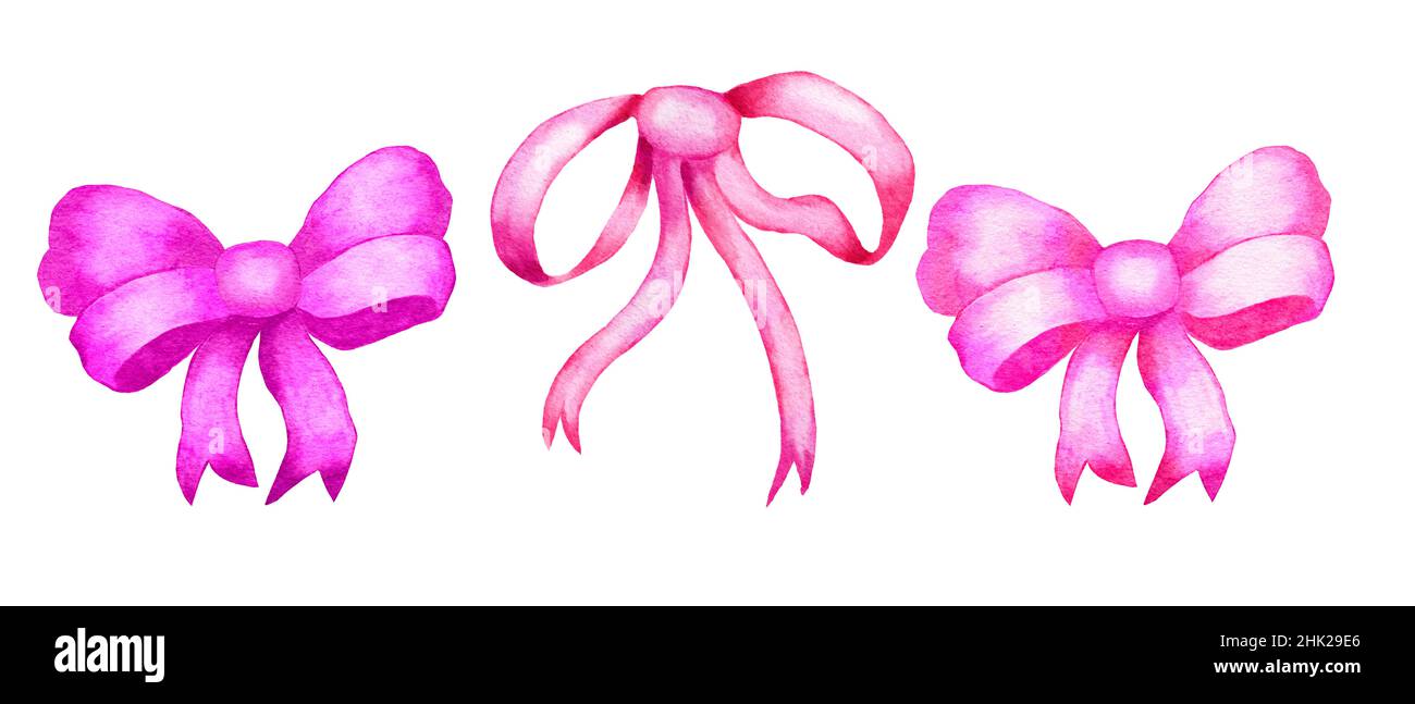 Acuarela mano dibujada tres lazos de cinta en color rosa púrpura fucsia lila. Para cumpleaños bebé ducha celebración fiesta decoración. Regalo obsequio para mujer chica, concepto de compras Foto de stock