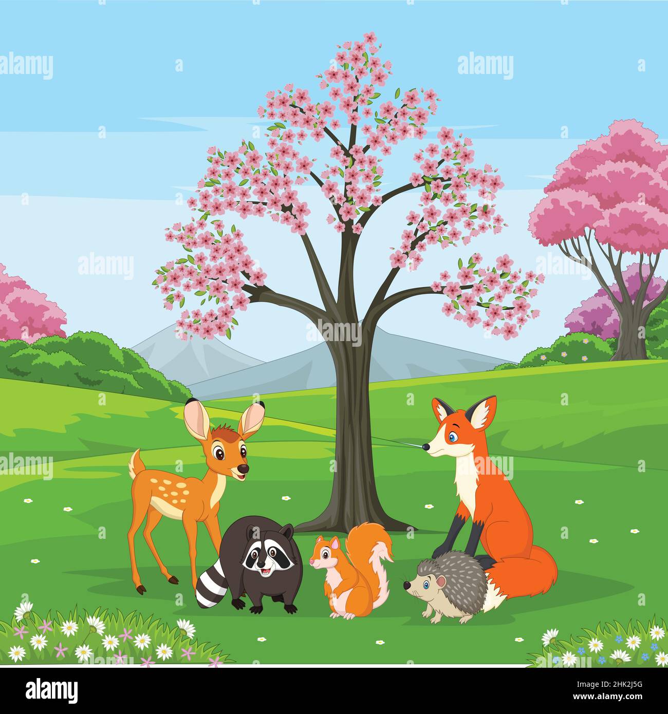 Grupo de animales felices dibujos animados en el bosque de primavera Imagen  Vector de stock - Alamy