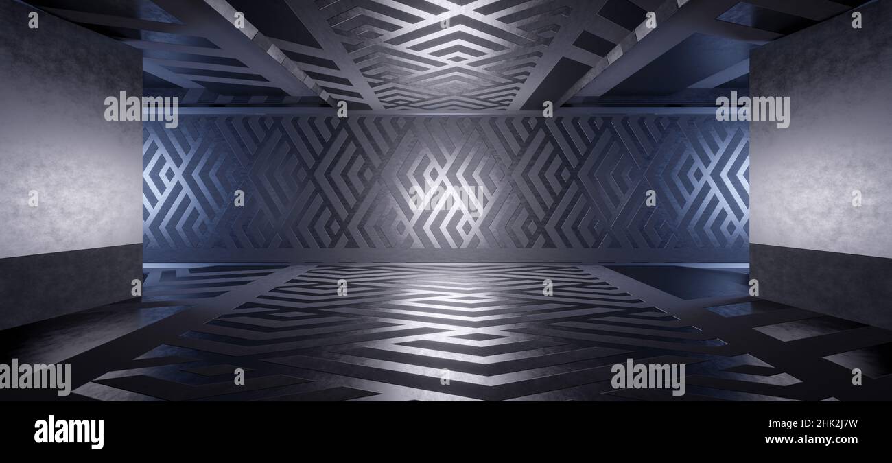 Metálico o Concreto Club Futurístico pasillo Espacio interior Disco Futuro Oscuro con Colores Gris Oscuros con Espacio para Texto 3D Render Foto de stock