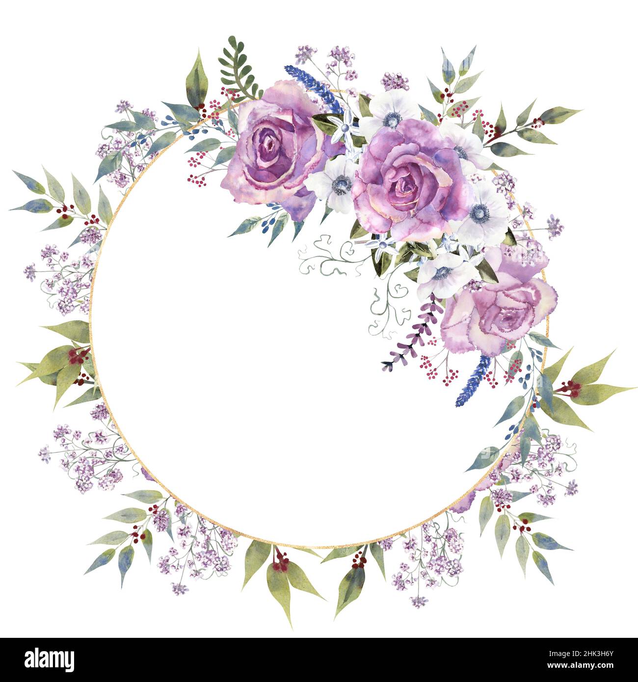 Marco floral geométrico con rosas moradas y anémonas en un jarrón de  cristal sobre fondo blanco aislado. Ilustración de acuarela dibujada a mano  Fotografía de stock - Alamy