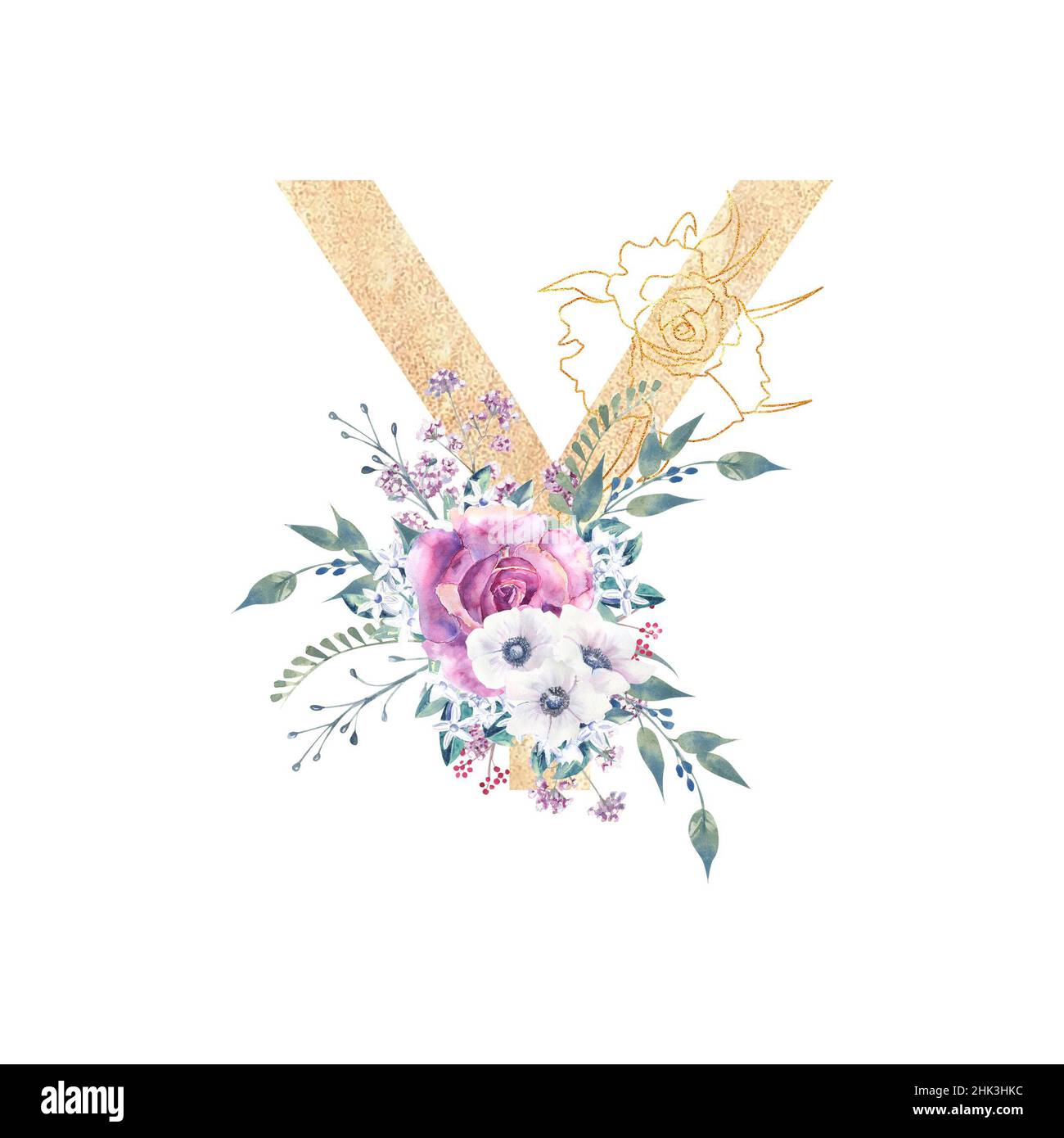 Letra y dorada del alfabeto inglés con un ramo de rosas púrpura y