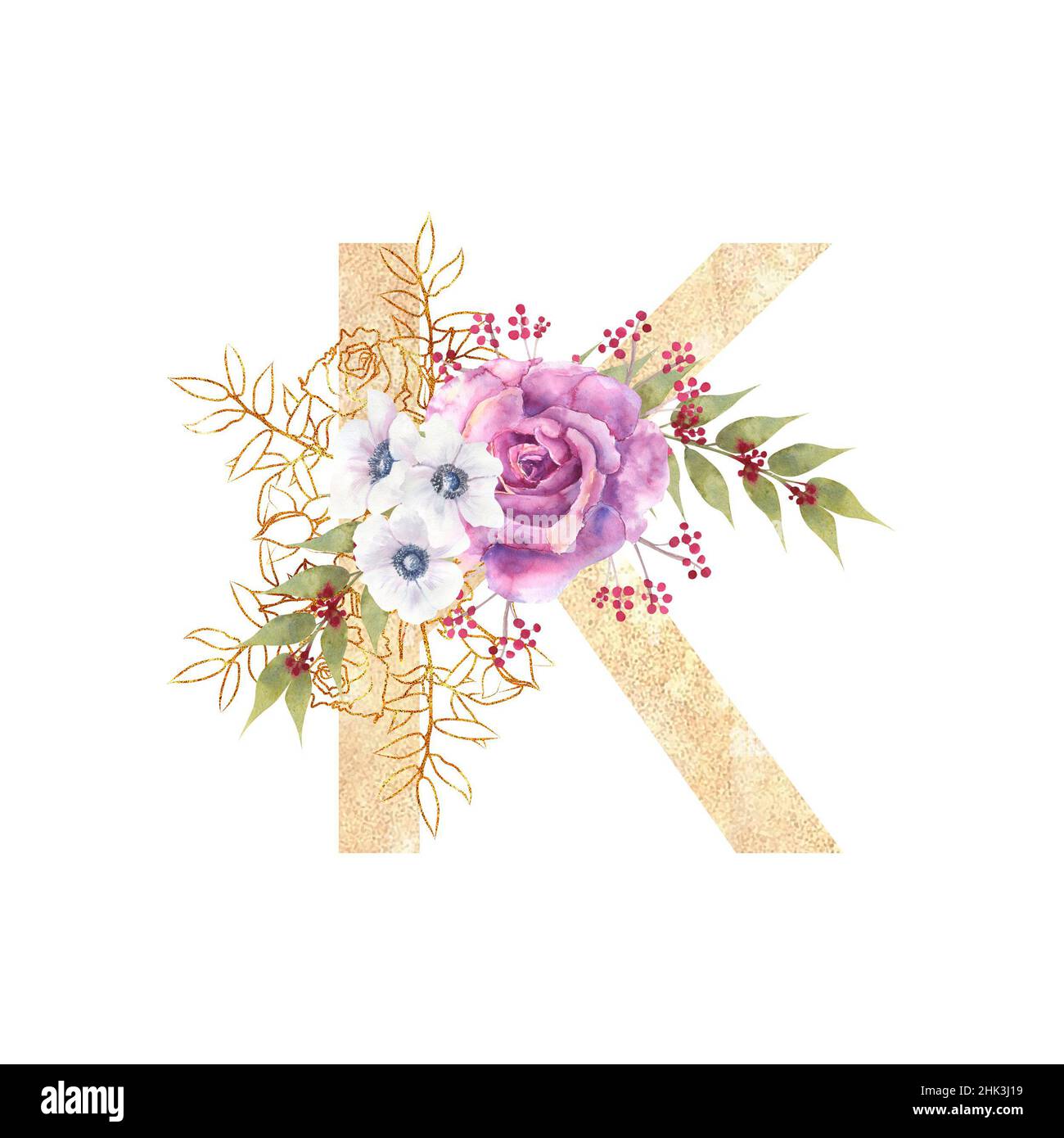 Letra dorada K del alfabeto inglés con un ramo de rosas y anémonas