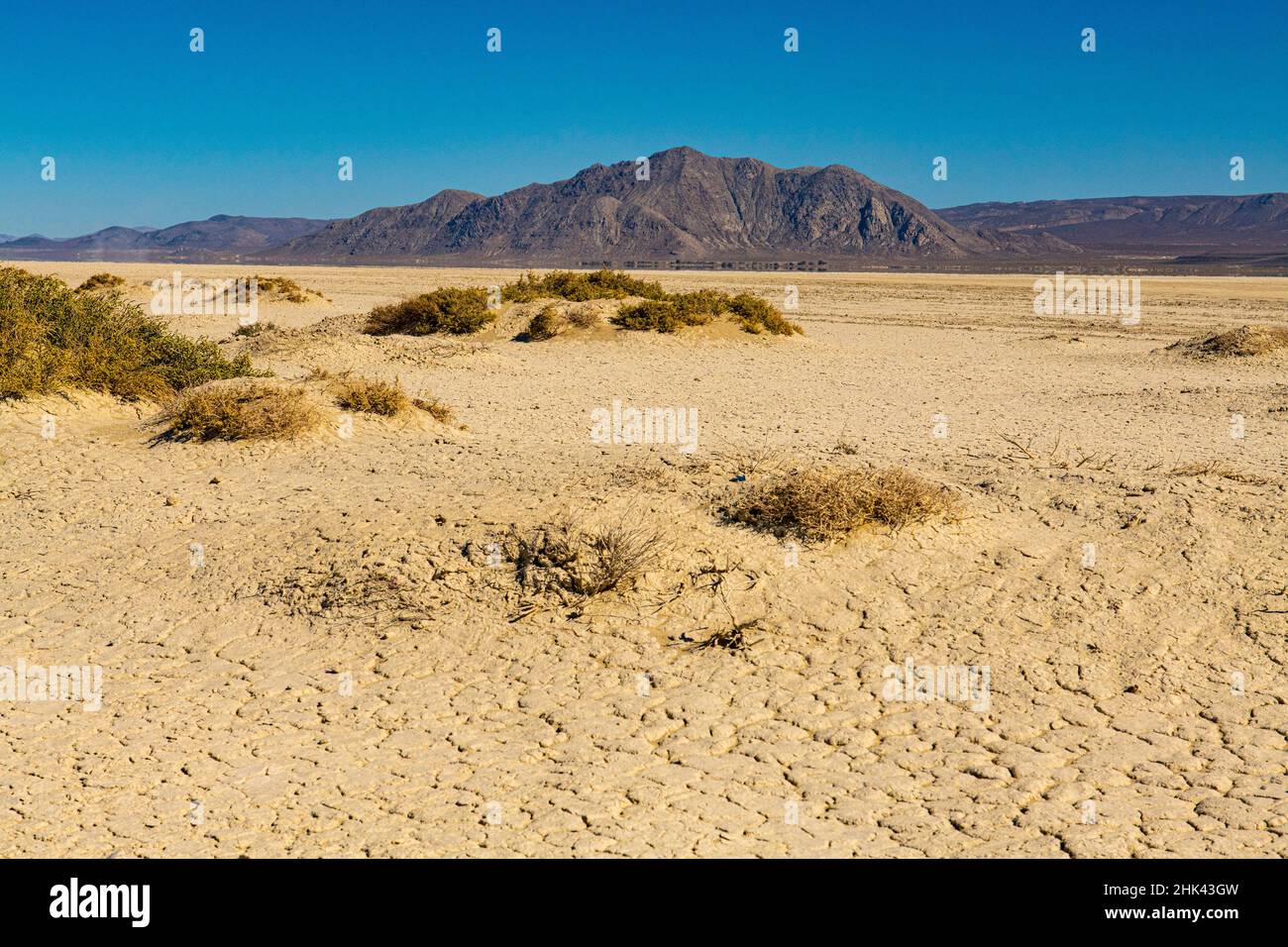 EE.UU., Nevada, la polvorienta Playa del Desierto de Black Rock enmarcada por Burnt Rock Peak Foto de stock