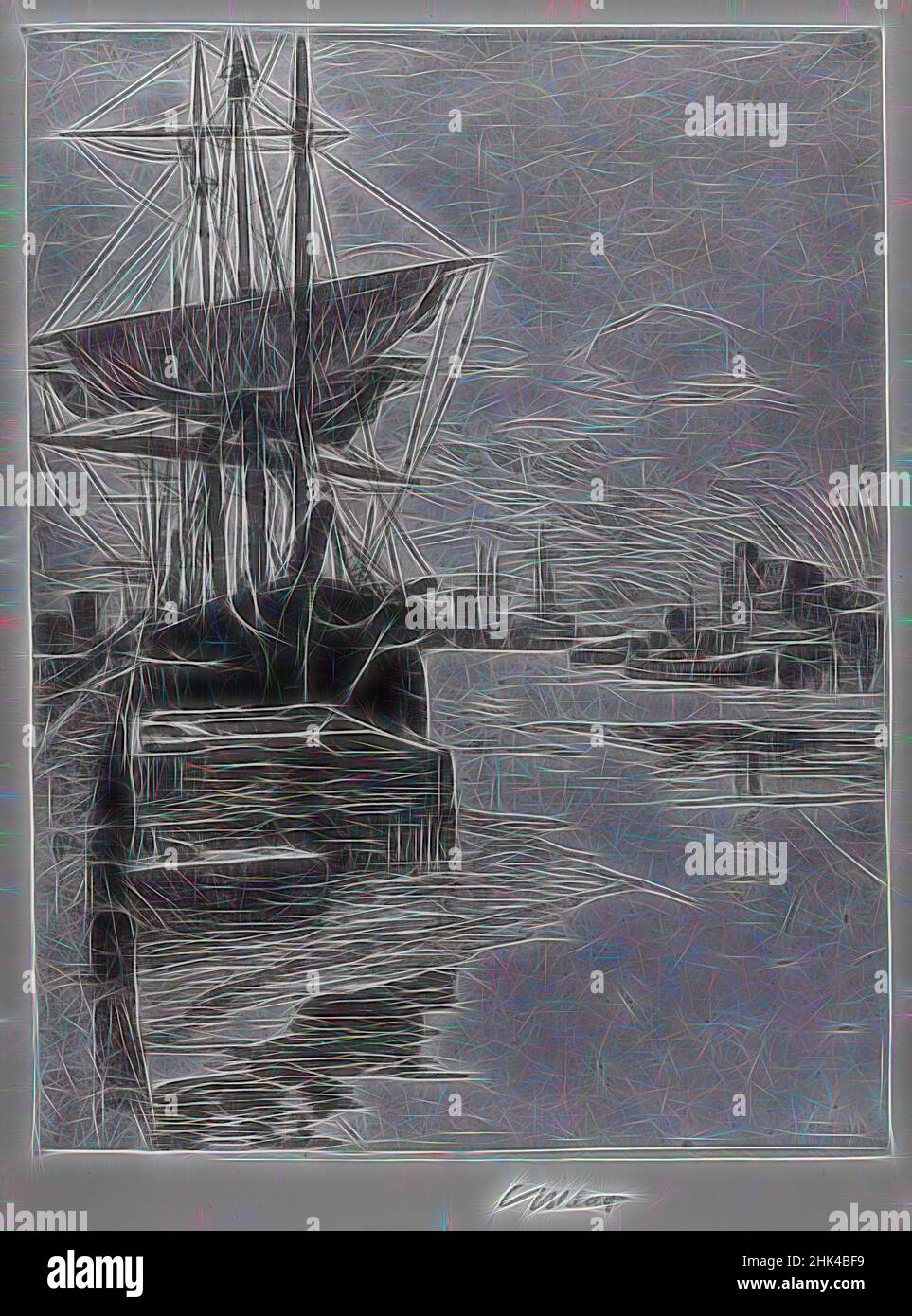 Inspirado en Atlantic Docks, Charles Adams Platt, norteamericano, 1861-1933, grabado sobre papel de paloma, 1888, Hoja: 20 1/2 x 15 3/8 pulg., 52,1 x 39,1 cm, Reimaginado por Artótop. Arte clásico reinventado con un toque moderno. Diseño de brillo cálido y alegre y luminosidad e radiación de rayos de luz. Fotografía inspirada en el surrealismo y el futurismo, que abarca la energía dinámica de la tecnología moderna, el movimiento, la velocidad y la revolución de la cultura Foto de stock