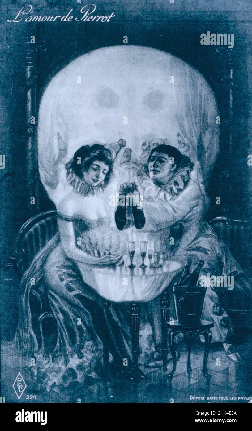 Amor de un Pierrot, Skull estilo Postacard francés, 1900s Foto de stock