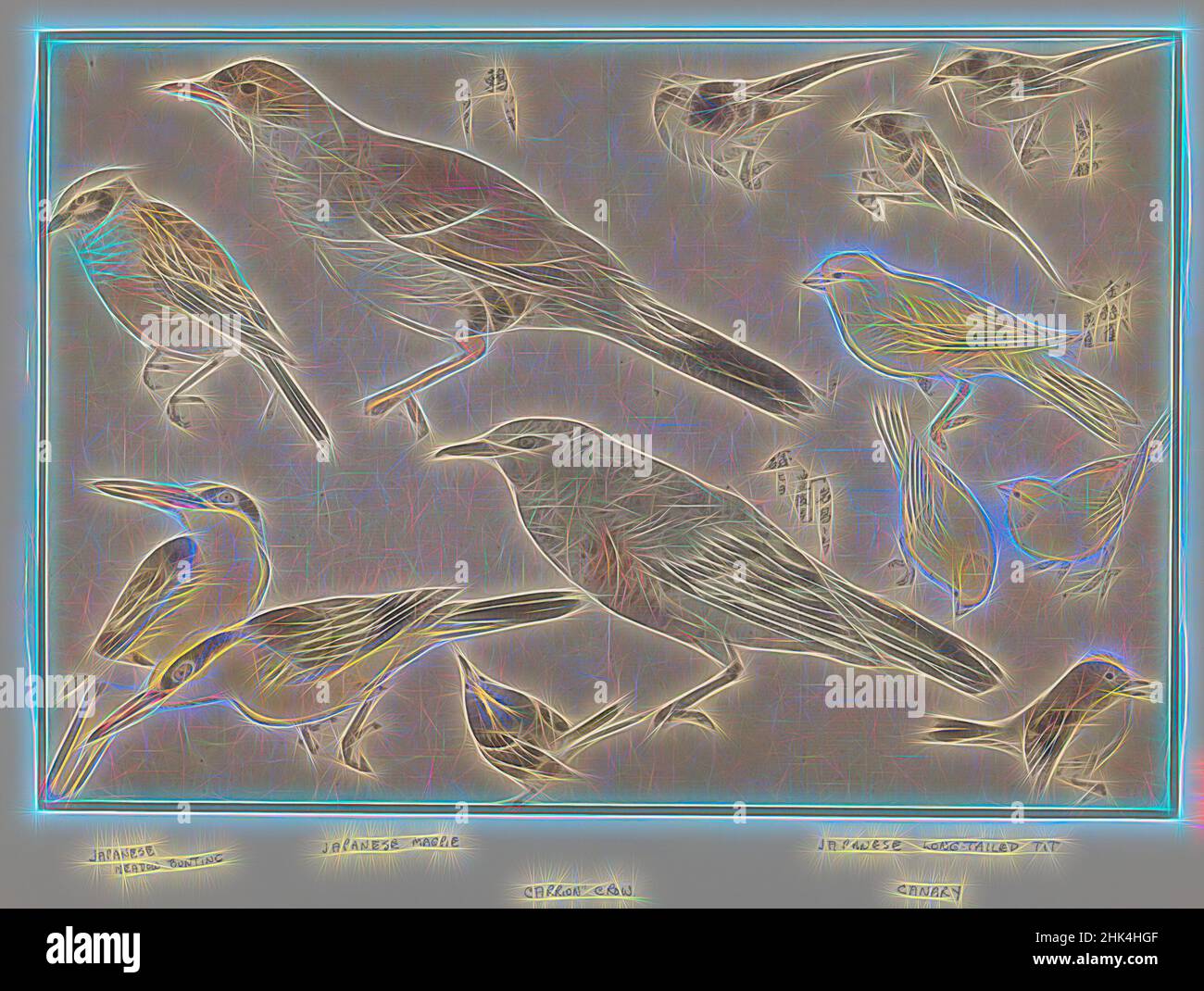 Inspirado por aves en estilo Okyo, escuela Shingo, estampado de color Woodblock, Japón, 10 3/16 x 15 in., 25,9 x 38,1 cm, pájaro, bollos, canario, japonés, magpie, Reimaginado por Artotop. Arte clásico reinventado con un toque moderno. Diseño de brillo cálido y alegre y luminosidad e radiación de rayos de luz. Fotografía inspirada en el surrealismo y el futurismo, que abarca la energía dinámica de la tecnología moderna, el movimiento, la velocidad y la revolución de la cultura Foto de stock