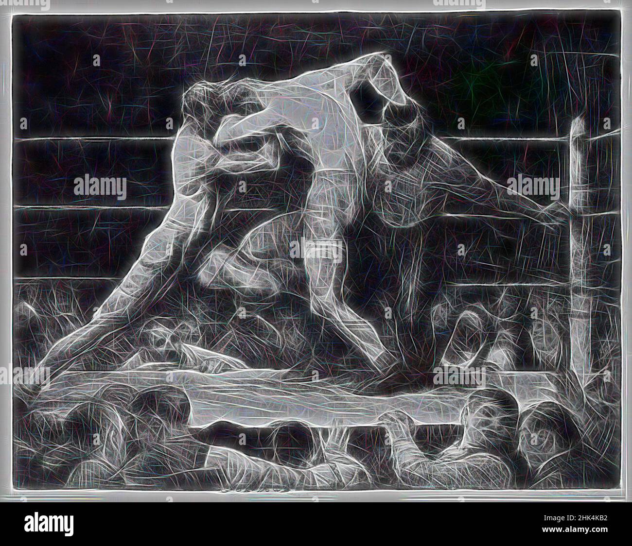 Inspirado por Stag en Sharkey's, George Wesley Bellows, American, 1882-1925, Litografía sobre papel blanco de la paloma, 1917, Imagen: 18 11/16 x 23 3/4 in., 47,5 x 60,4 cm, boxeo, figuras masculinas, movimiento, deportes, Reimaginado por Artotop. Arte clásico reinventado con un toque moderno. Diseño de brillo cálido y alegre y luminosidad e radiación de rayos de luz. Fotografía inspirada en el surrealismo y el futurismo, que abarca la energía dinámica de la tecnología moderna, el movimiento, la velocidad y la revolución de la cultura Foto de stock