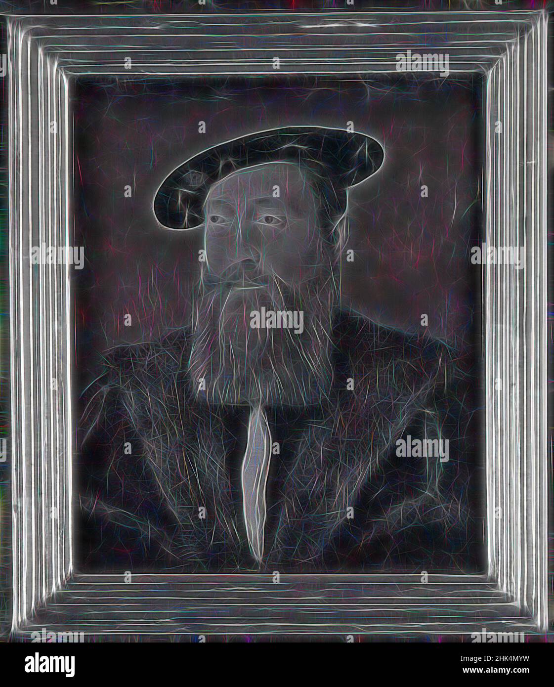 Inspirado en el retrato de un hombre en un sombrero de terciopelo, Corneille de Lyon, holandés,1500/10-1575, activo en Francia, Tempera en el panel, 7 5/8 x 6 3/4 pulg., 19,4 x 17,1 cm, Reimaginado por Artotop. Arte clásico reinventado con un toque moderno. Diseño de brillo cálido y alegre y luminosidad e radiación de rayos de luz. Fotografía inspirada en el surrealismo y el futurismo, que abarca la energía dinámica de la tecnología moderna, el movimiento, la velocidad y la revolución de la cultura Foto de stock