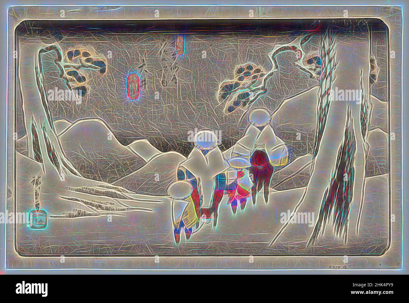 Inspirado por Oi, de sesenta y nueve estaciones en la autopista de Kisokaido, Kisokaido rokujukyu tsugi no uchi, Utagawa Hiroshige, Ando, japonés, 1797-1858, Impresión de bloques de madera en color sobre papel, Japón, ca. 1843, Periodo Edo, Hoja: 9 3/16 x 14 5/8 pulg., 24,8 x 37,3 cm, nieve, Reimaginado por Artotop. Arte clásico reinventado con un toque moderno. Diseño de brillo cálido y alegre y luminosidad e radiación de rayos de luz. Fotografía inspirada en el surrealismo y el futurismo, que abarca la energía dinámica de la tecnología moderna, el movimiento, la velocidad y la revolución de la cultura Foto de stock