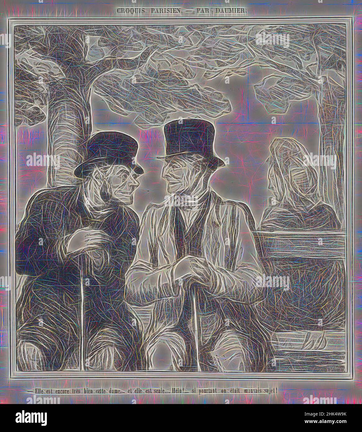 Inspirado por Elle Est Encore très Bien, Cette Dame..., Honoré Daumier, Francés, 1808-1879, Litografía sobre papel prensa, 8 de septiembre de 1864, Hoja: 12 5/8 x 11 3/8 pulg., 32,1 x 28,9 cm, banco, sombrero, hombre, mujer, Reimaginado por Artotop. Arte clásico reinventado con un toque moderno. Diseño de brillo cálido y alegre y luminosidad e radiación de rayos de luz. Fotografía inspirada en el surrealismo y el futurismo, que abarca la energía dinámica de la tecnología moderna, el movimiento, la velocidad y la revolución de la cultura Foto de stock
