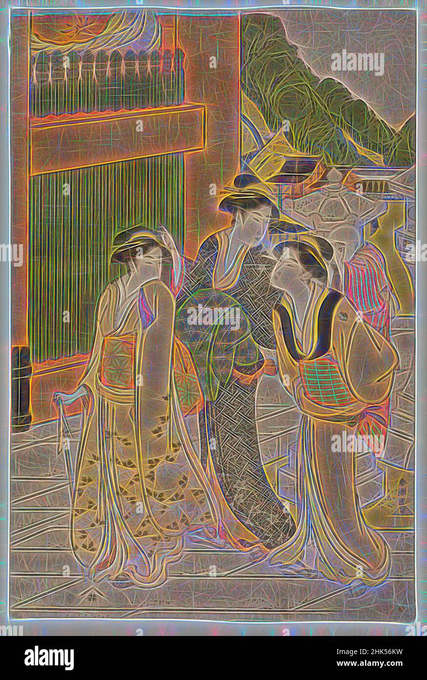 Inspirado en la visita al Templo de Fudō, Katsukawa Shunsho, Japonés, 1726-1793, Impresión en madera en color sobre papel, Japón, Ca. 1790, Período Edo, 15 x 10 pulg., 38,1 x 25,5 cm, Bijin, Bijinga, Período Edo, Japón, Japonés, Kimono, Nishiki-e, Mujeres, Reimaginado por Artotop. Arte clásico reinventado con un toque moderno. Diseño de brillo cálido y alegre y luminosidad e radiación de rayos de luz. Fotografía inspirada en el surrealismo y el futurismo, que abarca la energía dinámica de la tecnología moderna, el movimiento, la velocidad y la revolución de la cultura Foto de stock