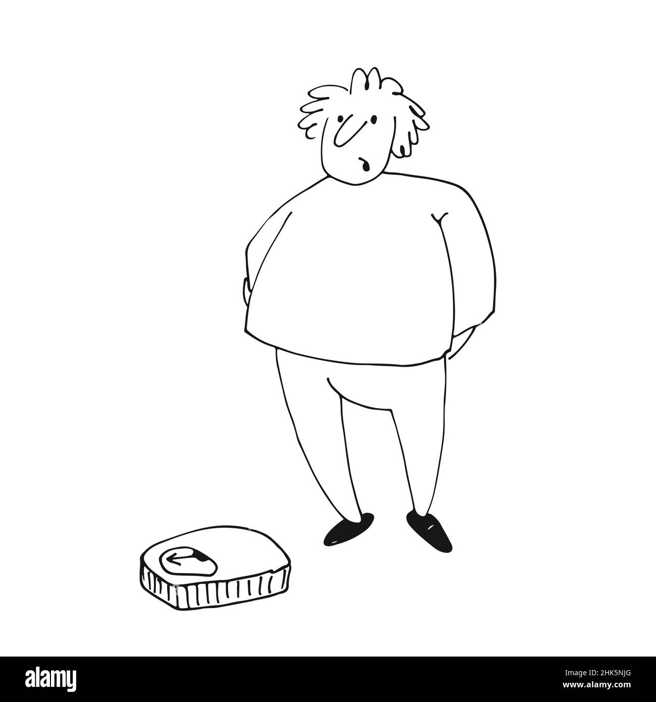 Un hombre gordo mira las escalas, un carácter gracioso, ilustración vectorial dibujada a mano aislada sobre un fondo blanco Ilustración del Vector