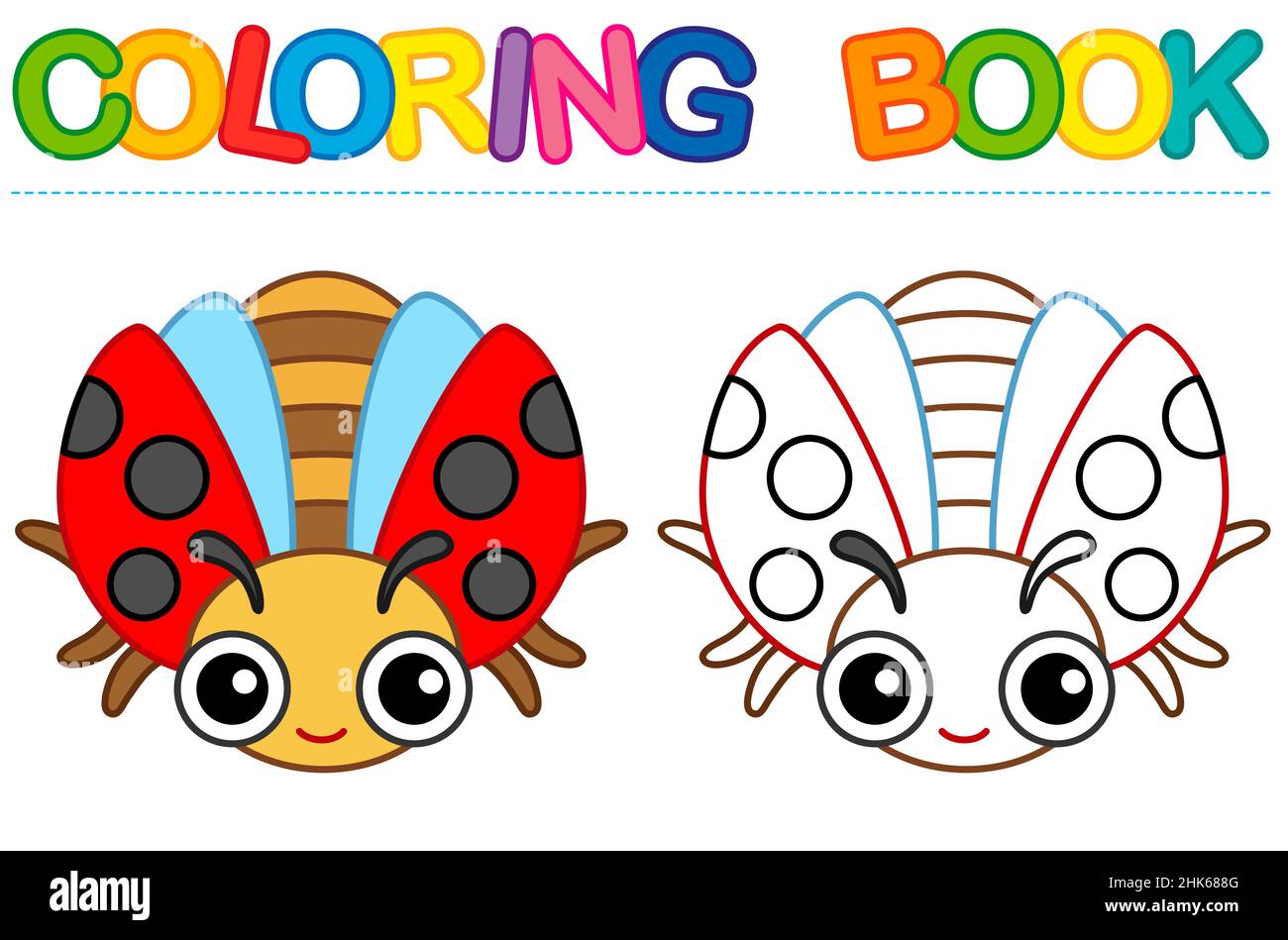Página para colorear gracioso sonriente insecto de la mariquita roja. Libro  de colores vectoriales para actividades infantiles Imagen Vector de stock -  Alamy