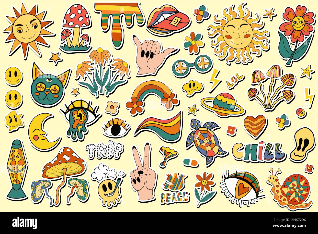 Ilustración vectorial conjunto colorido de parches. Colección de pegatinas  decorativas estilo hippie vintage Imagen Vector de stock - Alamy