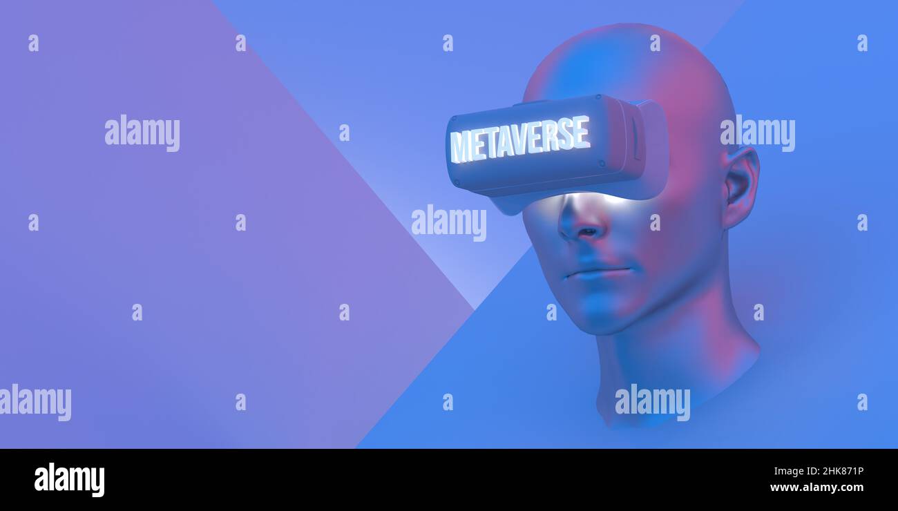 Metaverse Digital VR cyber technology Concept: 3D Render avatar con Virtual Reality auriculares que conectan el espacio virtual. AR juegos de realidad aumentada, NFT Foto de stock