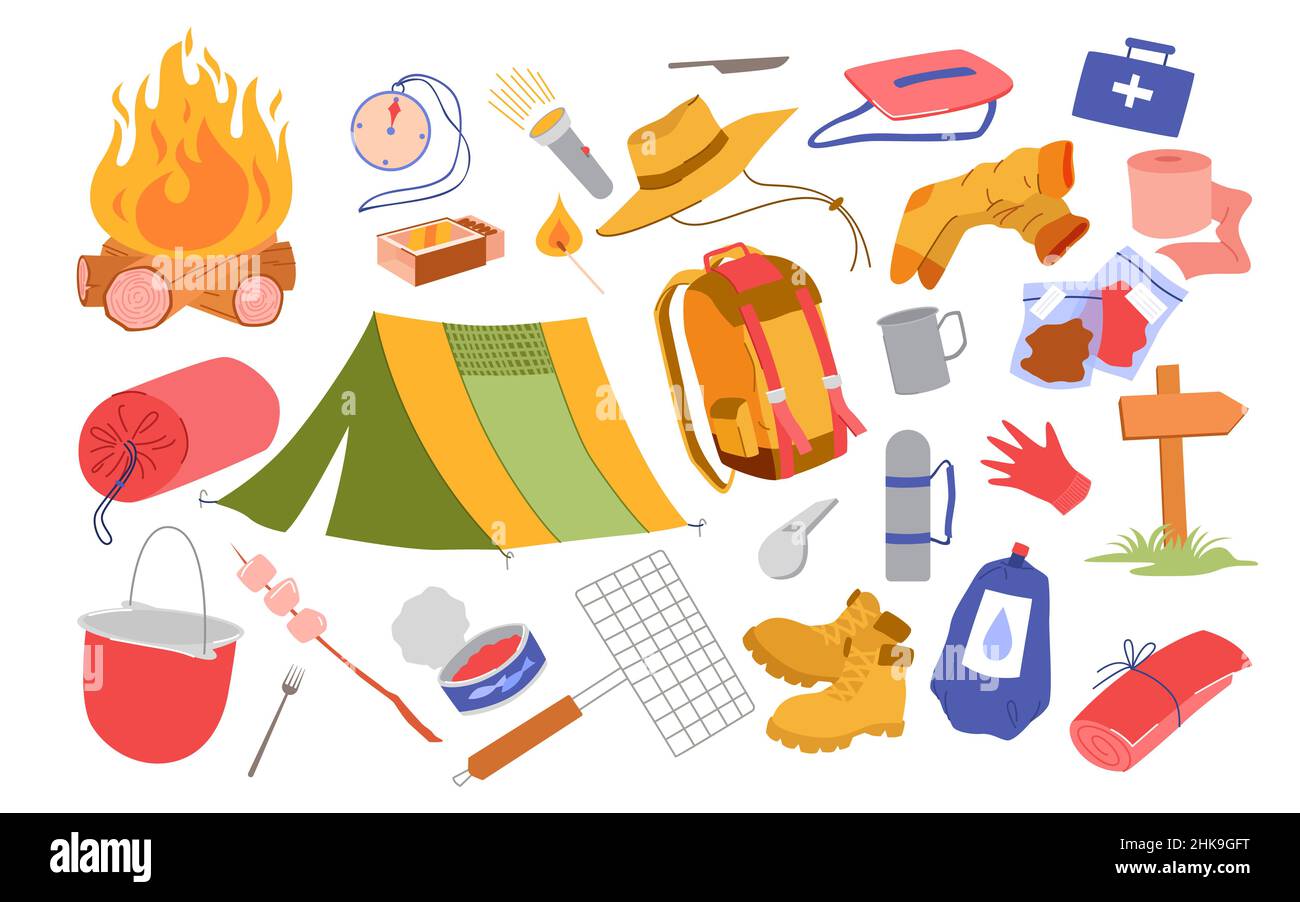 Conjunto de equipo de camping y herramientas para actividades recreativas al aire libre Ilustración del Vector