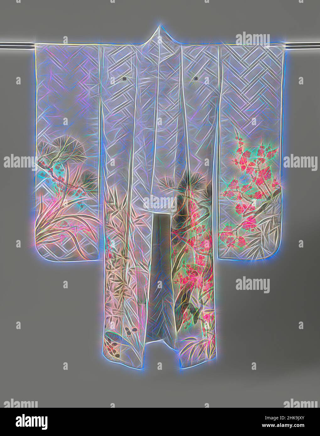 Inspirado por Kimono para una mujer soltera (furisode) para Año Nuevo, Furisode con plantas de Año Nuevo, kimono formal de manga larga para una mujer joven soltera (furisode), en el borde inferior de las mangas, frente y espalda decorado con los tres amigos del invierno: pino, (dos especies) bambú y ciruela (roja), Reimaginado por Artotop. Arte clásico reinventado con un toque moderno. Diseño de brillo cálido y alegre y luminosidad e radiación de rayos de luz. Fotografía inspirada en el surrealismo y el futurismo, que abarca la energía dinámica de la tecnología moderna, el movimiento, la velocidad y la revolución de la cultura Foto de stock