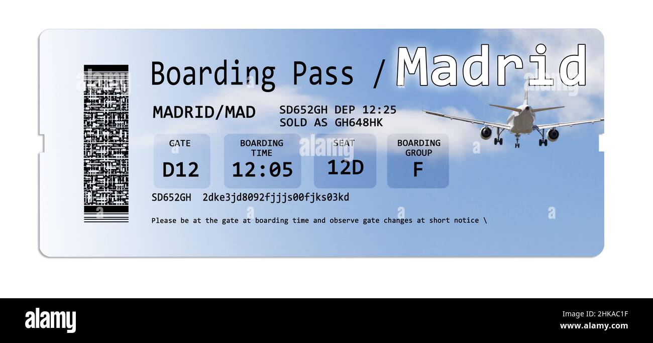 Boarding Pass boletos de aerolíneas a Madrid aislado en blanco. El contenido de la imagen son