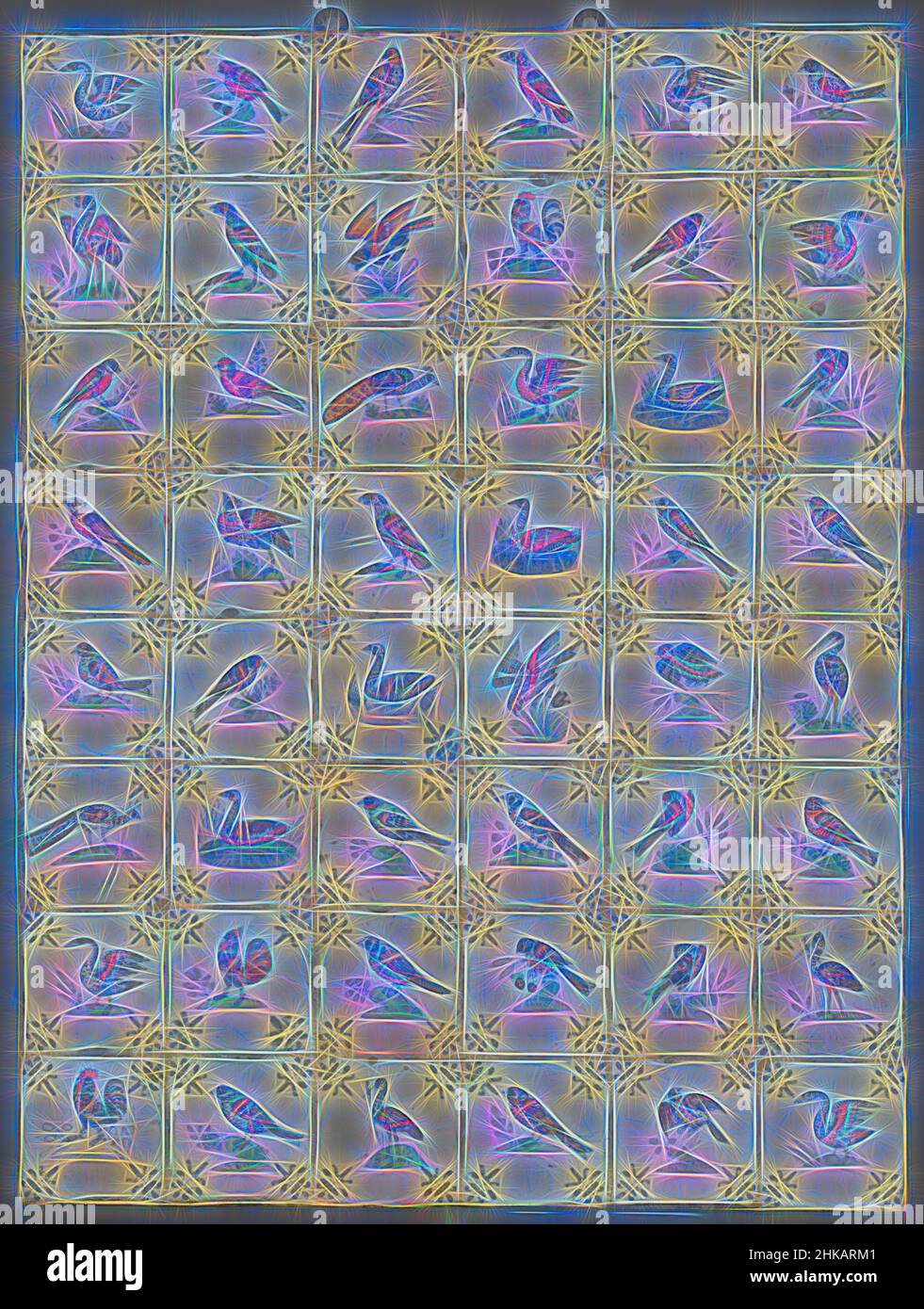 Inspirado por el Campo de cuarenta y ocho azulejos con pájaros, Campo de cuarenta y ocho azulejos (8 x 6) cada uno con un pájaro multicolor (azul, verde, amarillo y naranja) pintado en un suelo con un lirio en las esquinas., Países Bajos, c. 1640 - c. 1660, loza, esmalte de estaño, majolica, altura 104 cm x ancho 78 cm x profundidad 4, Reimaginado por Artótop. Arte clásico reinventado con un toque moderno. Diseño de brillo cálido y alegre y luminosidad e radiación de rayos de luz. Fotografía inspirada en el surrealismo y el futurismo, que abarca la energía dinámica de la tecnología moderna, el movimiento, la velocidad y la revolución de la cultura Foto de stock