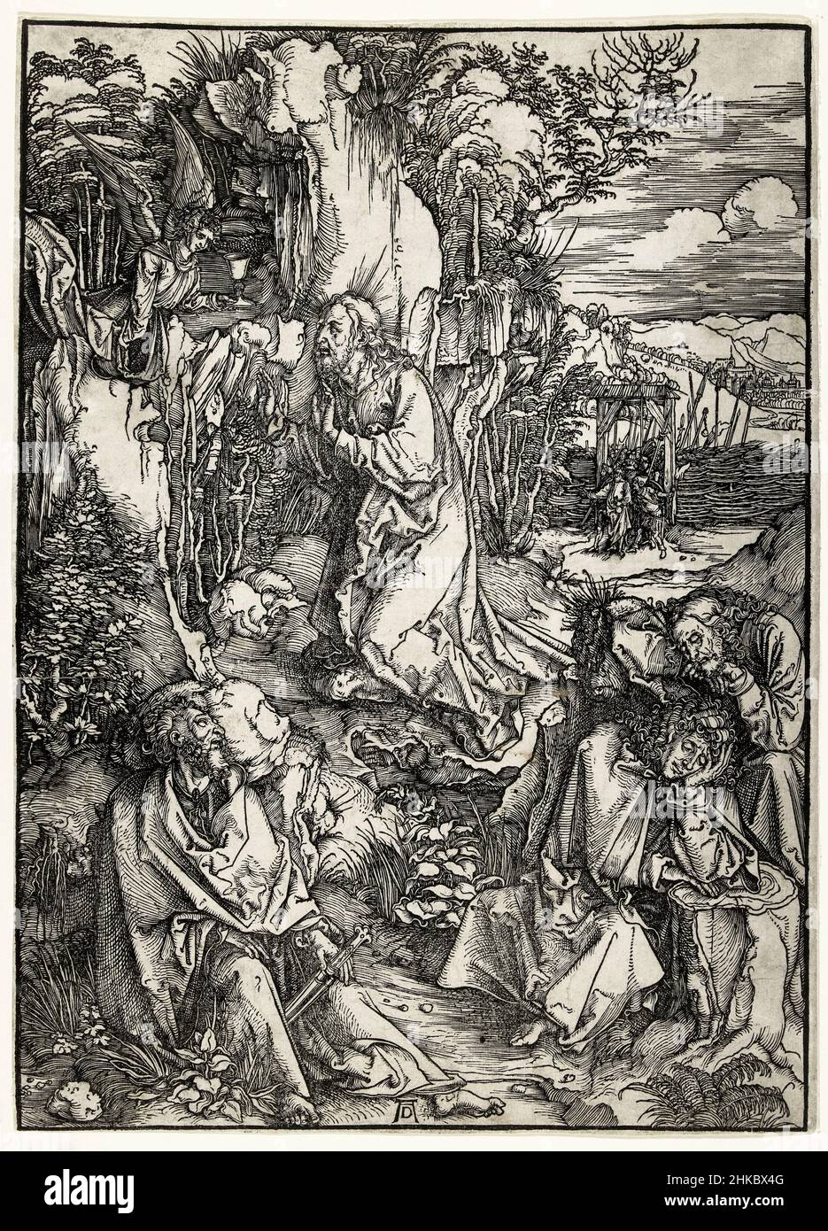 Cristo en el Monte de los Olivos, grabado en madera por Albrecht Durer, 1496-1497 Foto de stock