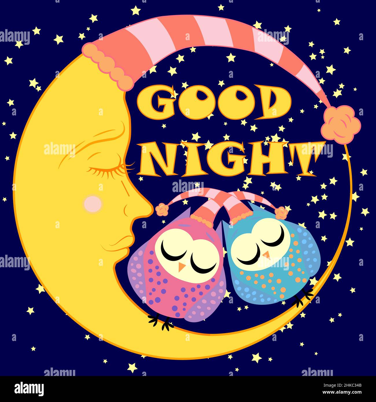 Buenas noches. Una postal con una media luna explanante, dos adorables  búhos de dibujos animados Imagen Vector de stock - Alamy