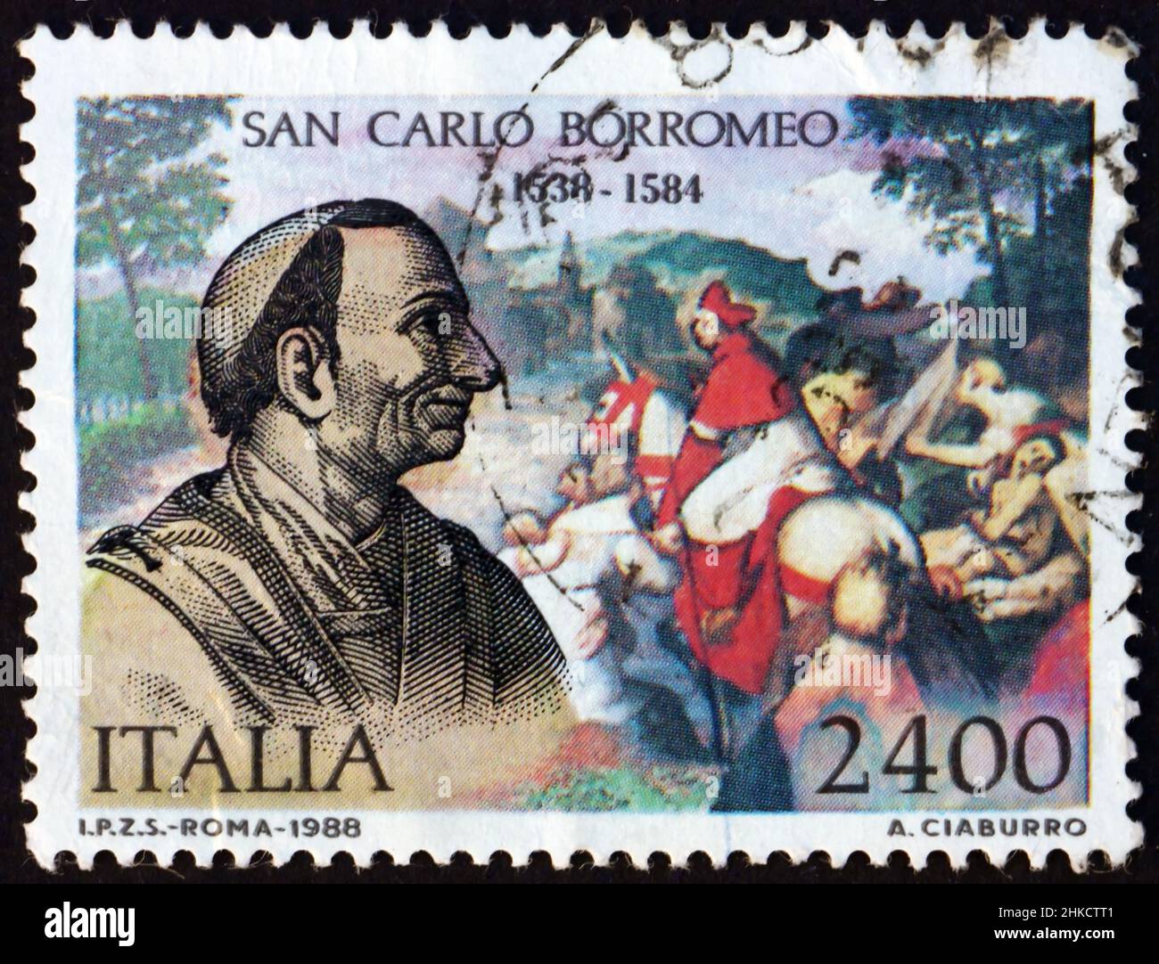 ITALIA - CIRCA 1988: Un sello impreso en Italia muestra San Carlos Borromeo (1538-1584), fue el arzobispo de Milán y cardenal de la Iglesia Católica Foto de stock