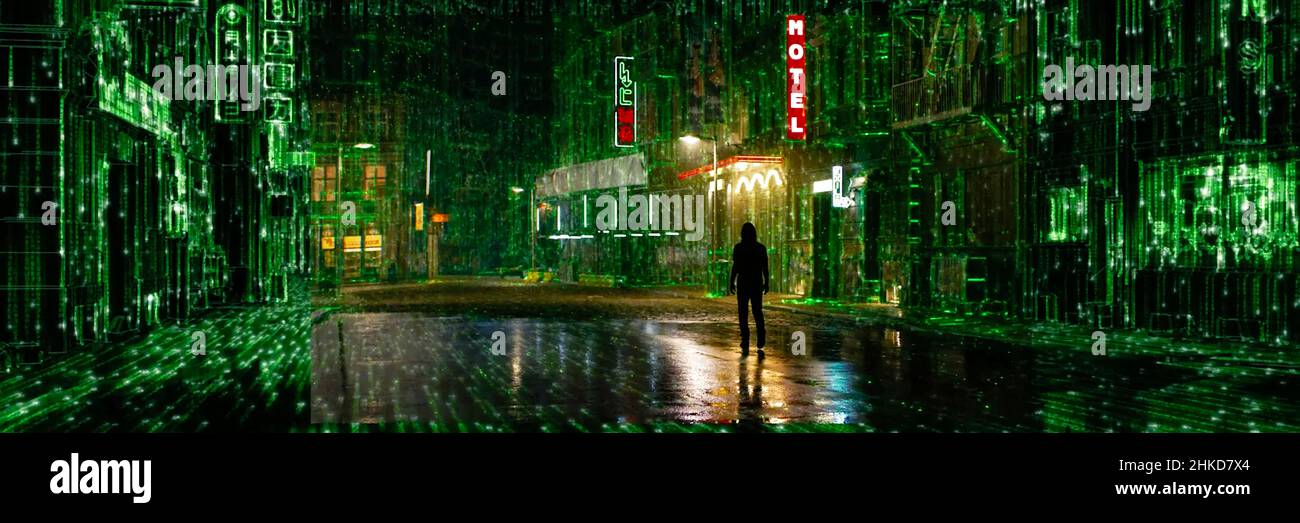 The Matrix Resurrections (2014) dirigida por Lana Wachowski y protagonizada por Keanu Reeves, Carrie-Anne Moss y Yahya Abdul-Mateen II Regresen a un mundo de dos realidades: Una, la vida cotidiana; la otra, lo que está detrás de ella. Para averiguar si su realidad es una construcción, para conocerse verdaderamente a sí mismo, el Sr. Anderson tendrá que elegir seguir al conejo blanco una vez más. Foto de stock