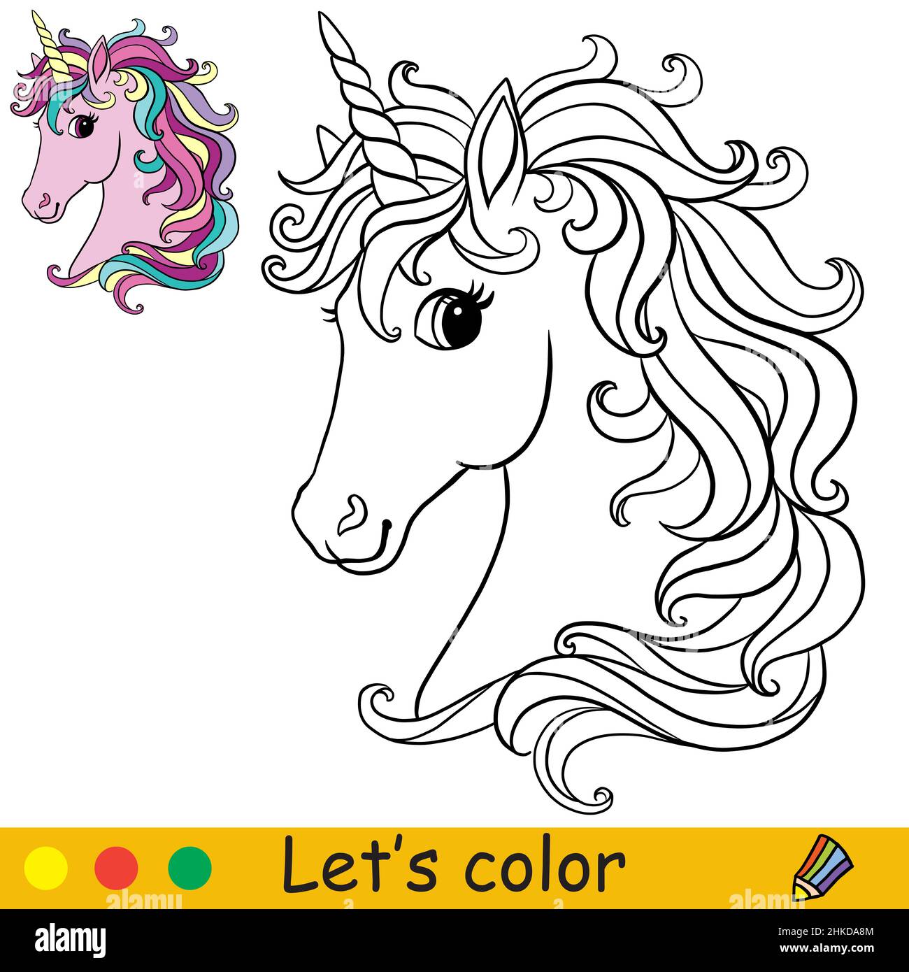 Bonita cabeza unicornio rosa. Página de libro para colorear con plantilla  de color. Ilustración de dibujos animados vectoriales. Para niños colorear,  tarjeta, impresión, diseño, decoración y rompecabezas Imagen Vector de  stock -