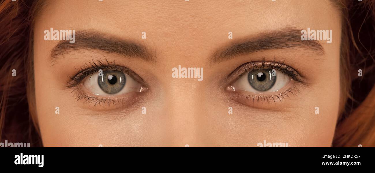 Hermosos ojos femeninos con cejas arqueadas y maquillaje natural de ojos, vista Foto de stock