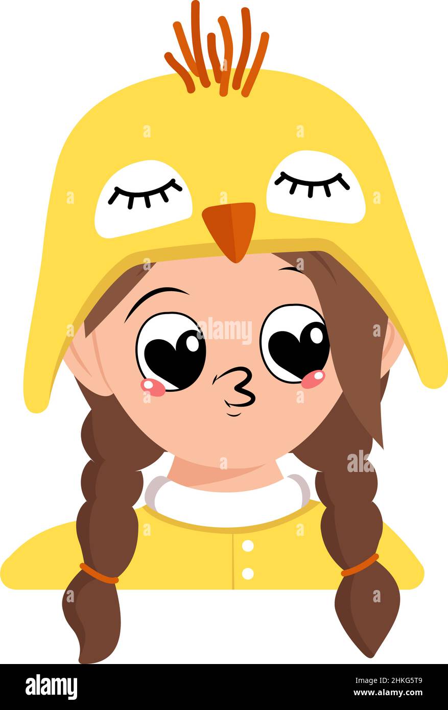 Avatar de chica con ojos de corazón grande y labios de beso en lindo  sombrero de pollo amarillo. Cabeza de niño con cara alegre para las  vacaciones de Pascua, Año Nuevo o