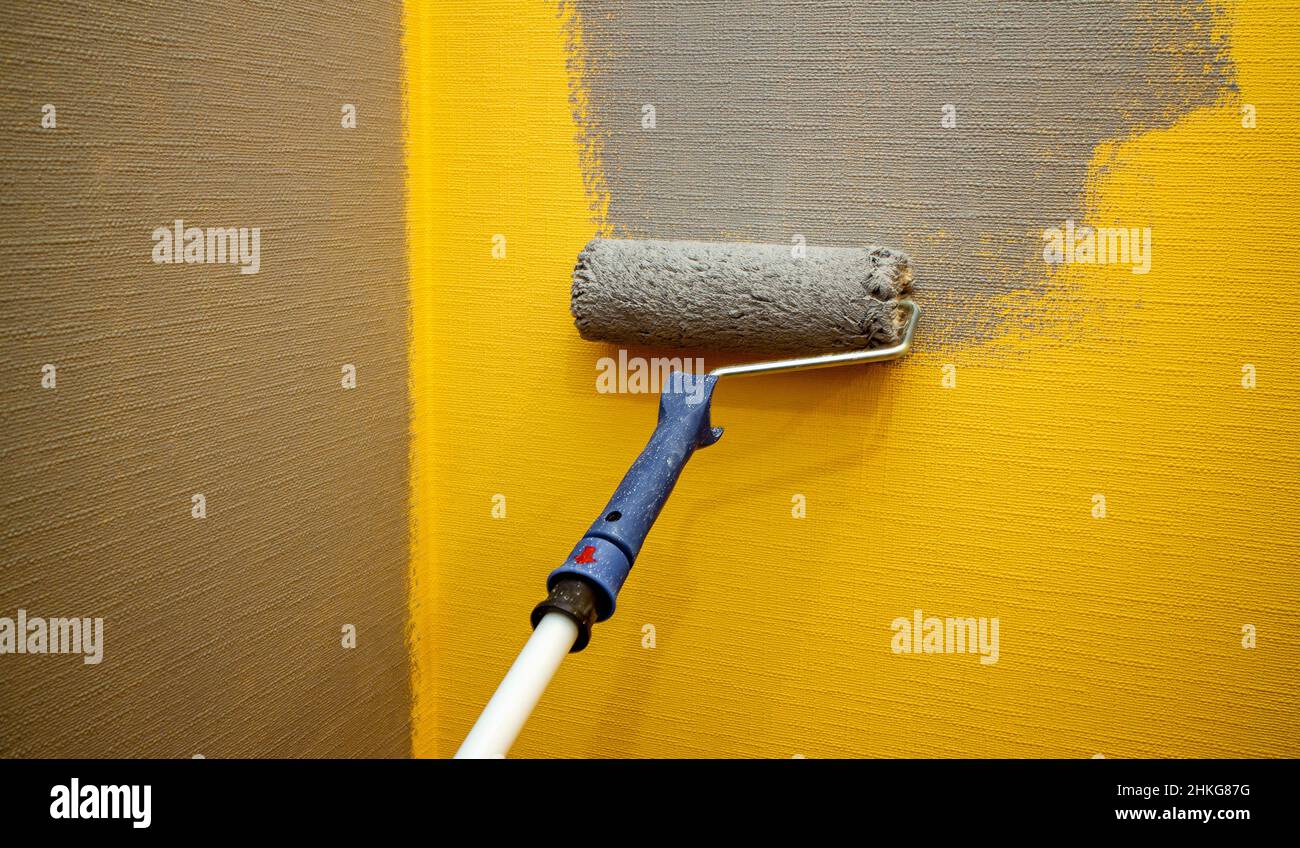Cierre el rodillo con pintura gris para pintar las paredes. Reparaciones.  Pared amarilla. Antecedentes. Protector de pantalla para el sitio  Fotografía de stock - Alamy