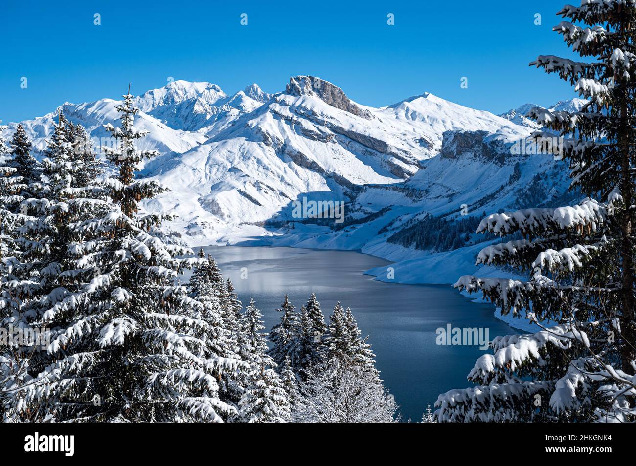 Hermosa vista frontal de una montaña cubierta de nieve, parte de la  cordillera de los Alpes franceses desde un bosque de pinos. Cormet de  Roselend, Saboya, Francia Fotografía de stock - Alamy
