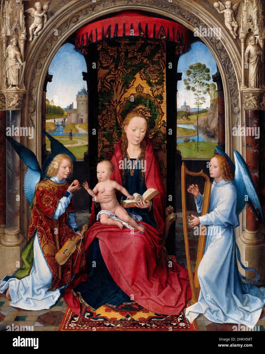 Madonna y Niño con Ángeles por Hans Memling (c.1430-1494), óleo sobre panel, después de 1479 Foto de stock
