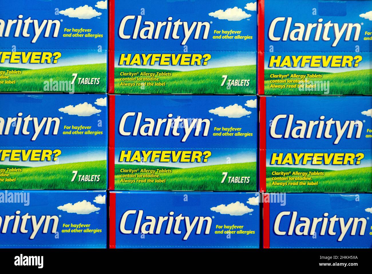 Cajas de pastillas para aliviar la fiebre del heno y la alergia Clarityn (loratadina) Foto de stock