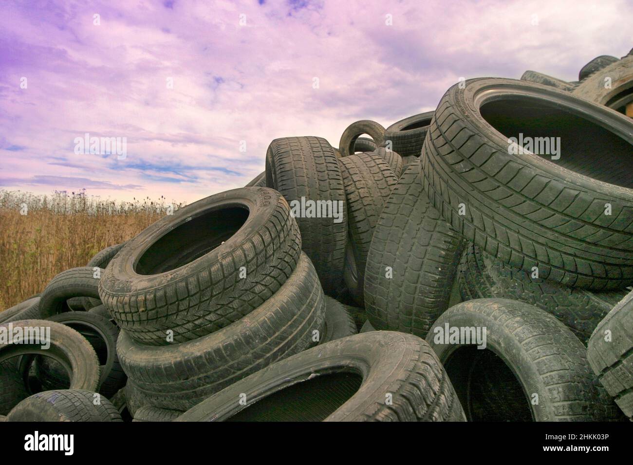 Viejo automóvil los neumáticos en un depósito de basura Foto de stock