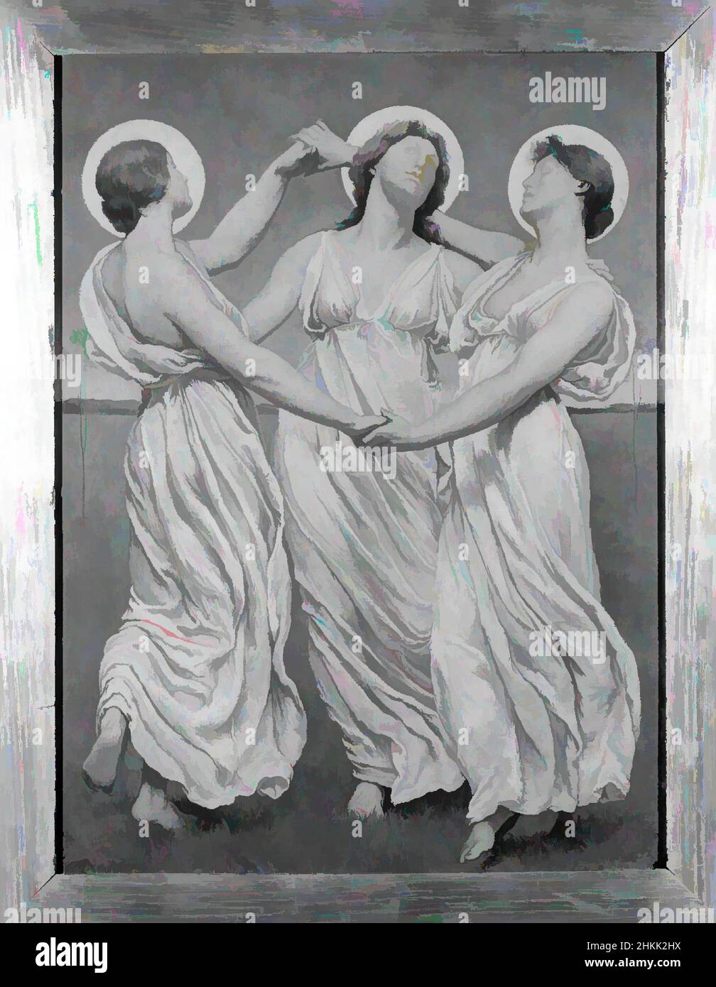 Arte inspirado por el Beato Damozel: 'Algunos de sus nuevos amigos', Kenyon  Cox, American, 1856-1919, Oil, grisaille sobre lienzo, 1886, 24 x 18in., 61  x 45,7cm, alegoría, descalzo, la belleza femenina, bata,
