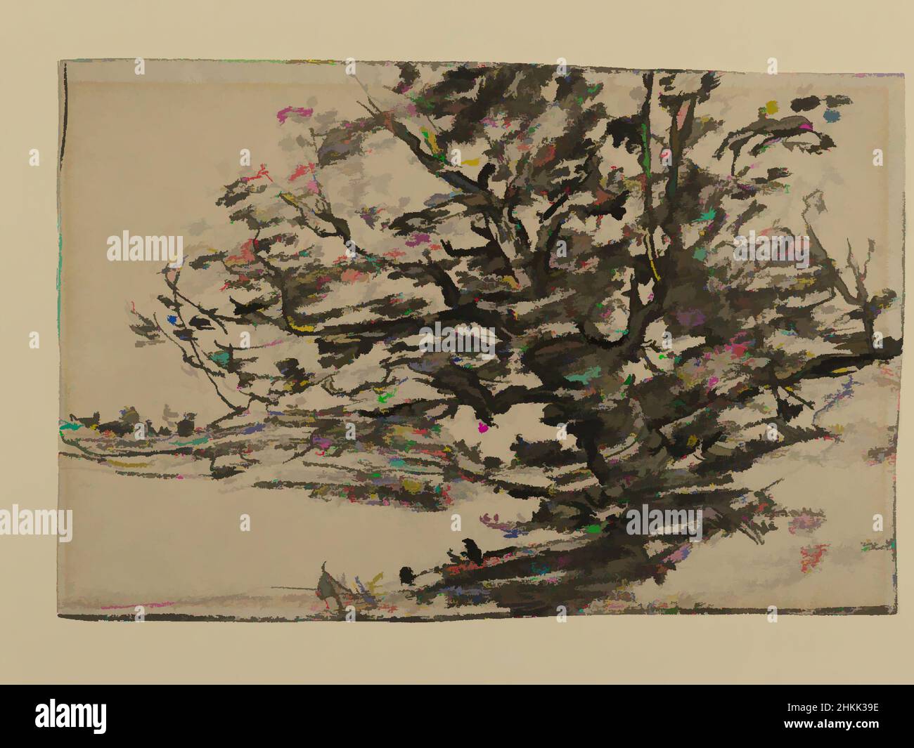 Arte inspirado por el Estudio de los árboles, Joseph Frank Currier,  Americano, 1843-1909, Carbón de leña sobre crema, papel de gramaje medio,  con textura estética, aprox. 1880, hoja: 4 5/8 x 6