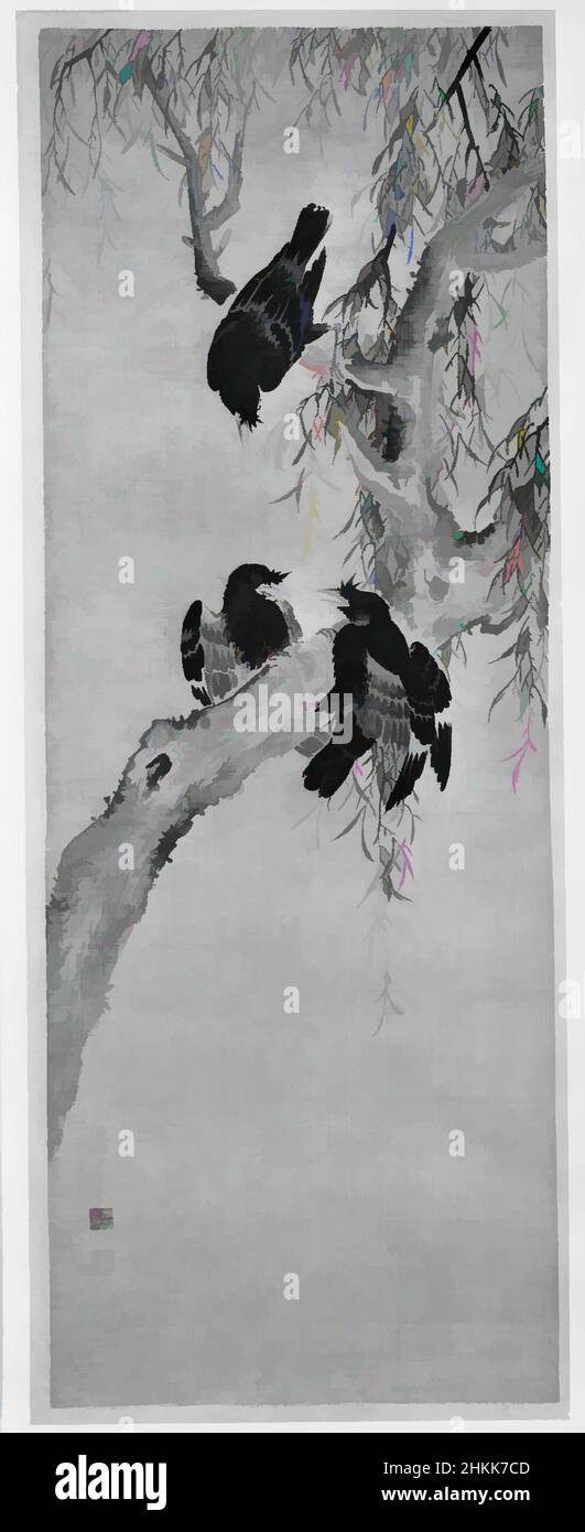 Arte inspirado por tres pájaros Myna en un árbol de sauce, Yasuda Genshi, japonés, murió en 1792, Colgante scroll, Tinta y color sobre seda, Japón, finales del siglo 18th, Período Edo, Imagen: 40 x 14 1/4 in., 101,6 x 36,2 cm, Obras clásicas modernizadas por Artotop con un toque de modernidad. Formas, color y valor, atractivo impacto visual en el arte Emociones a través de la libertad de las obras de arte de una manera contemporánea. Un mensaje atemporal que busca una nueva dirección totalmente creativa. Artistas que se están volviendo al medio digital y creando el Artotop NFT Foto de stock