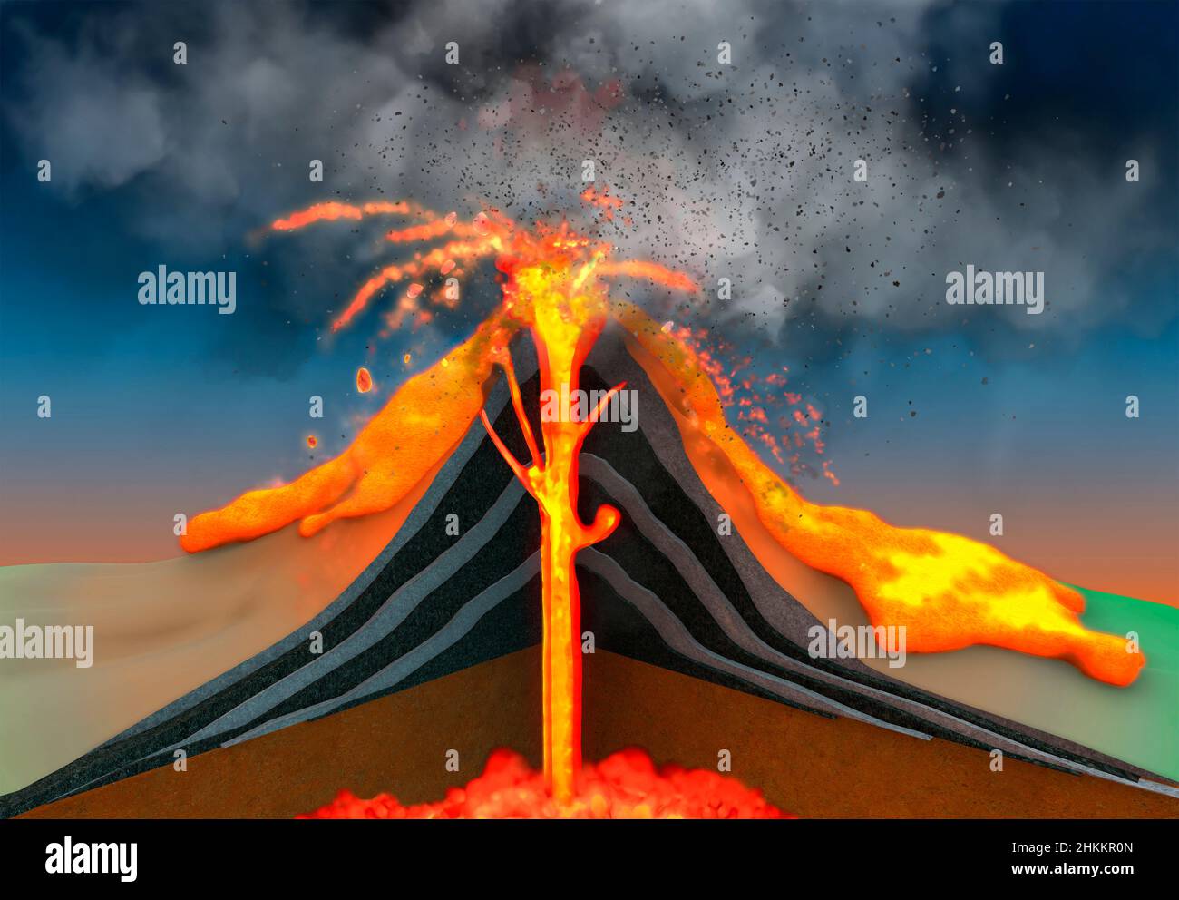 Erupción de stratovolcano, ilustración Foto de stock