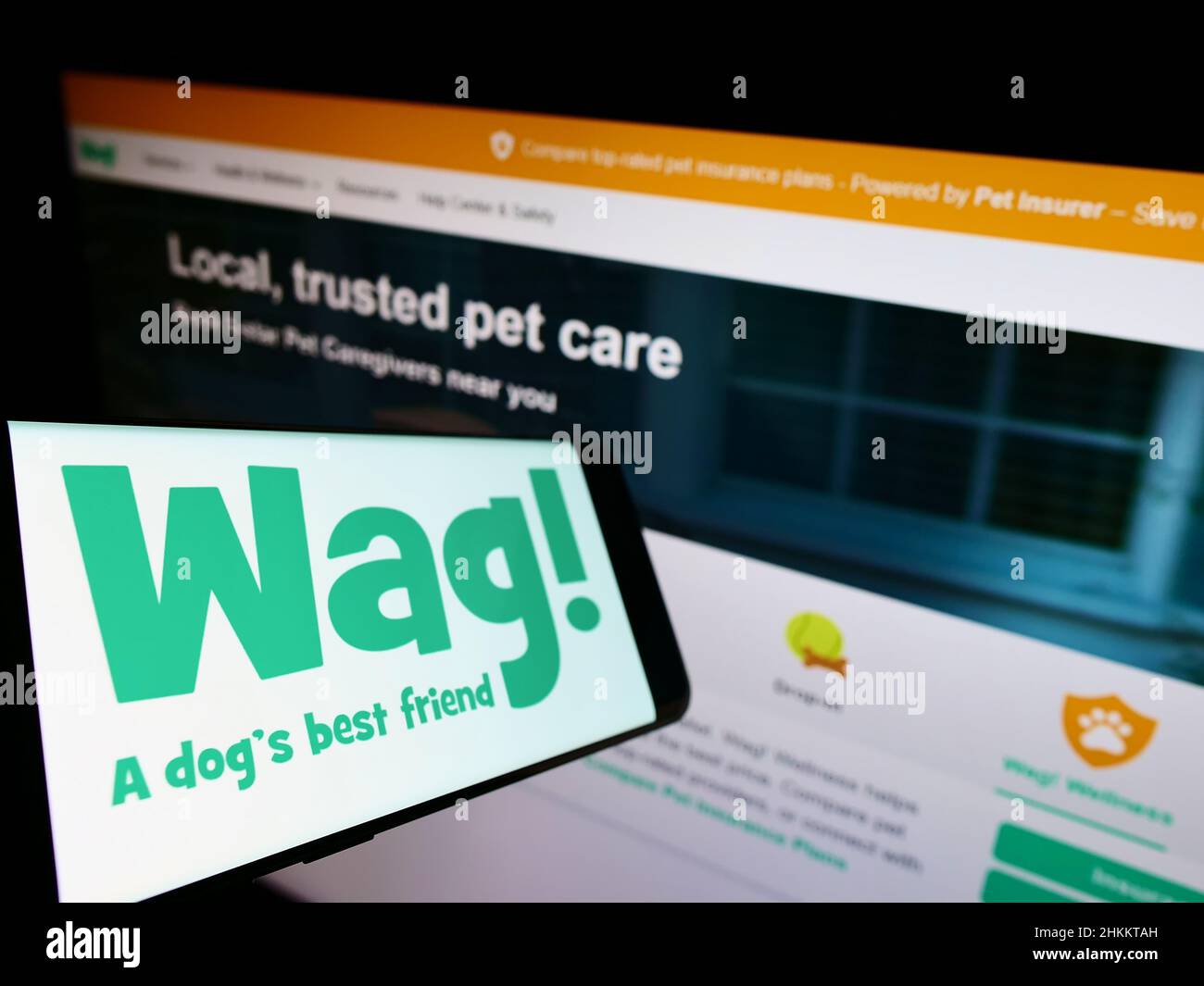 Smartphone con sitio web de la compañía estadounidense de cuidado de mascotas Wag Labs Inc. En la pantalla delante del logotipo de la empresa. Enfoque en la parte central izquierda de la pantalla del teléfono. Foto de stock