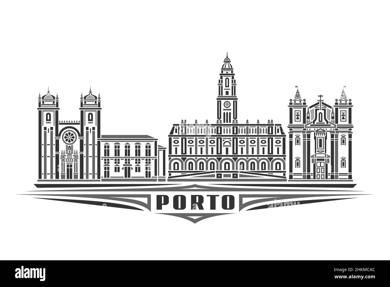 Ilustración vectorial de Oporto, póster horizontal monocromo con diseño lineal Famoso paisaje de la ciudad de oporto, concepto de arte urbano europeo con decoración Ilustración del Vector