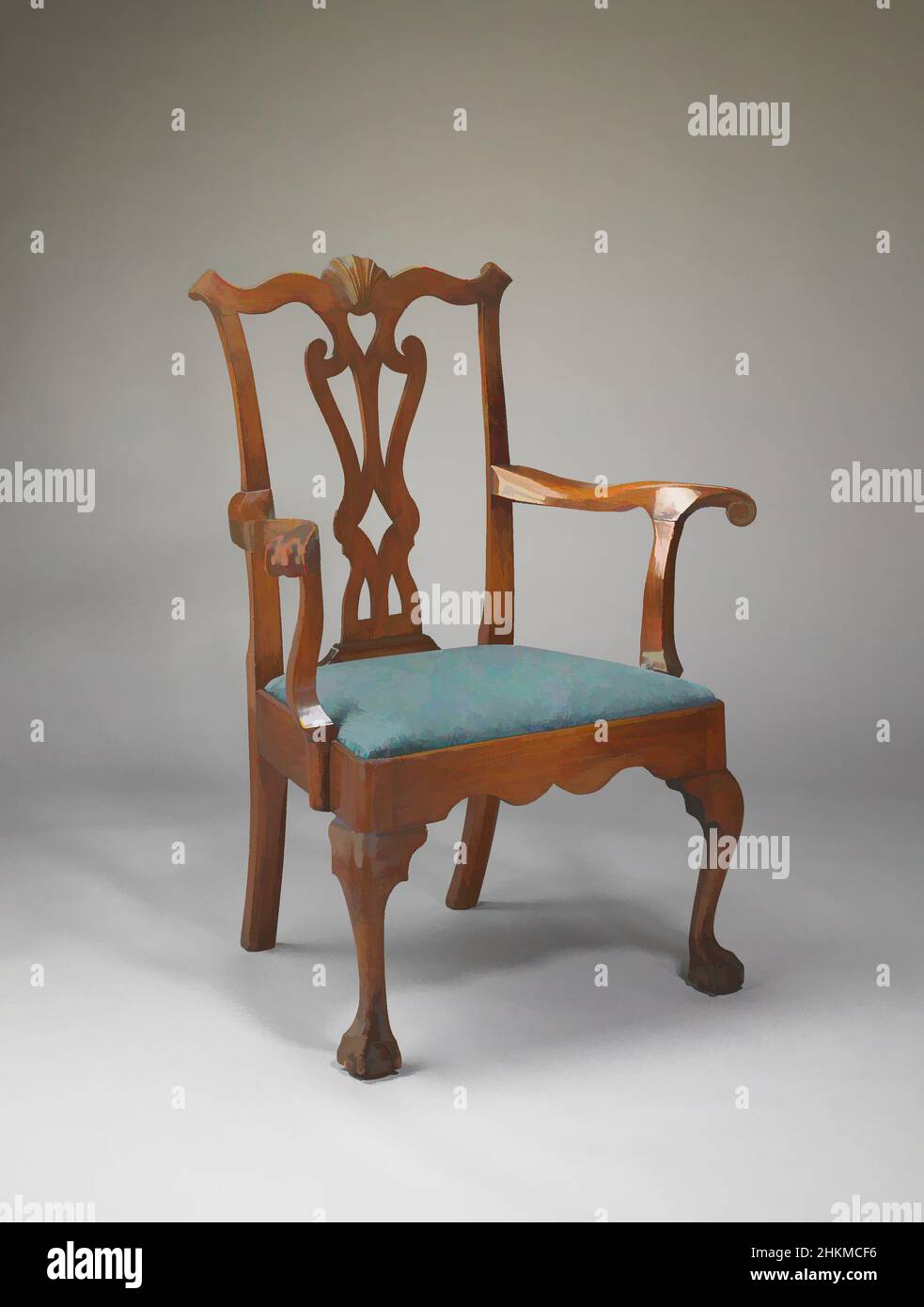 Arte inspirado por Sillón, Americano, c.1745-65, Nogal, pino, Reproducción  de tela de tapicería de damasco de lana, hecha en Filadelfia, Pensilvania,  Estados Unidos, América del Norte y Central, Muebles, 39 3/8 x