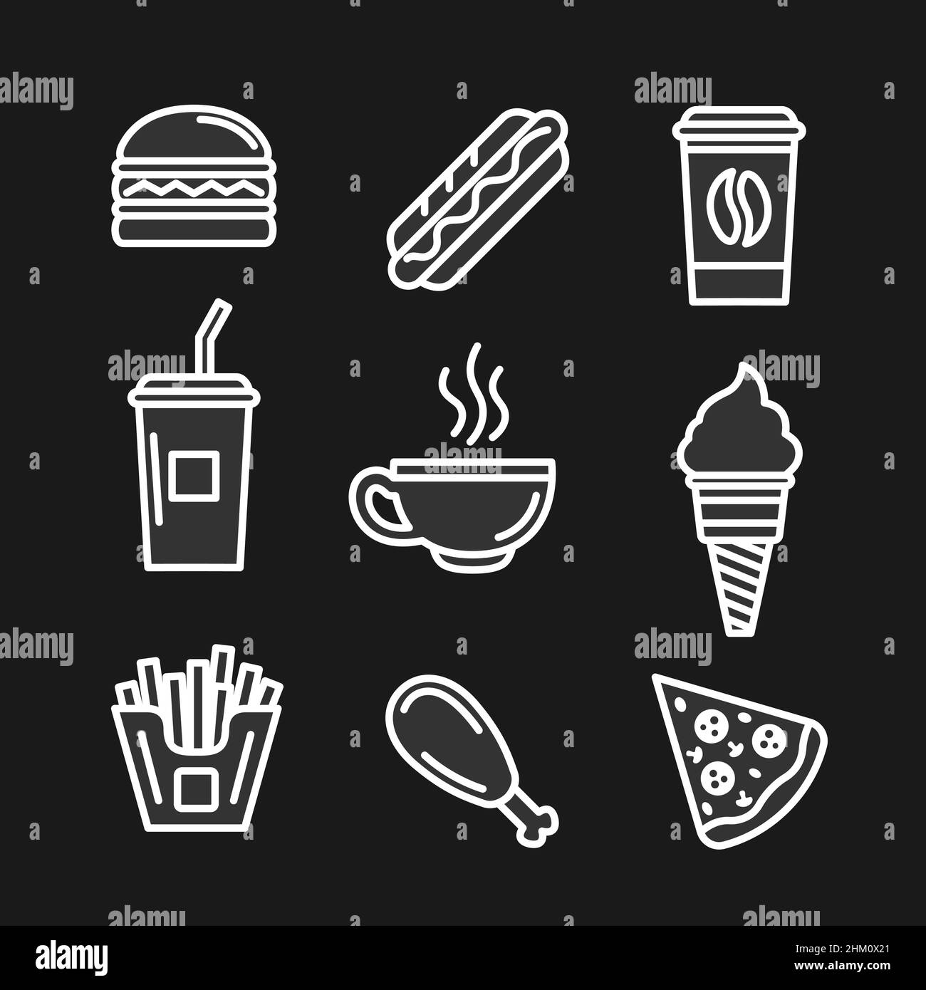 Sencillo conjunto de comida rápida. Contiene iconos como pizza, perro caliente, patatas fritas, hamburguesa, cola, helado, pata de pollo, café, taza de té. Línea vectorial relacionada i Ilustración del Vector