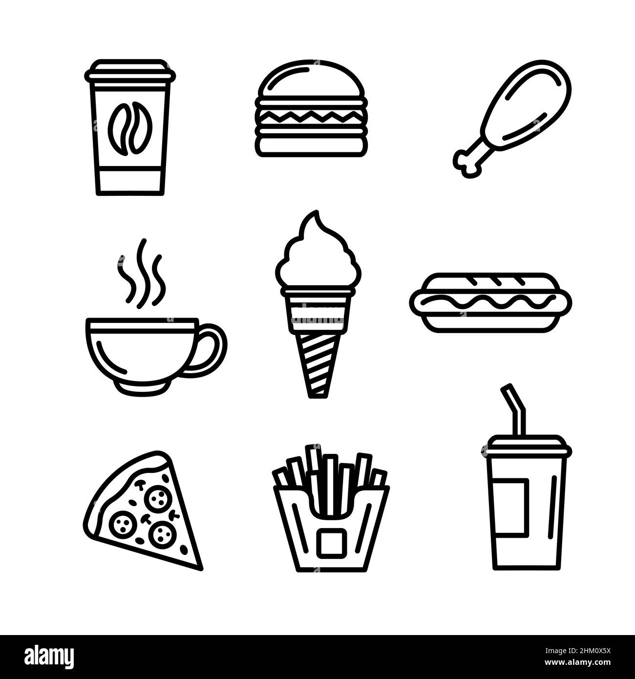 Sencillo conjunto de comida rápida. Contiene iconos como pizza, perro caliente, patatas fritas, hamburguesa, cola, helado, pata de pollo, café, taza de té. Línea vectorial relacionada i Ilustración del Vector