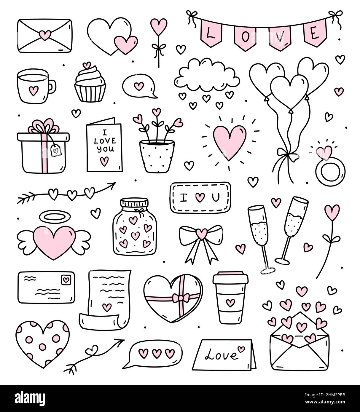 Lindo conjunto de fideos para el día de San Valentín - cartas y cartas de  amor, corazones, globos, regalos, champán, bunting y otros. Ilustración  vectorial dibujada a mano. Perfecto para diseños, pegatinas