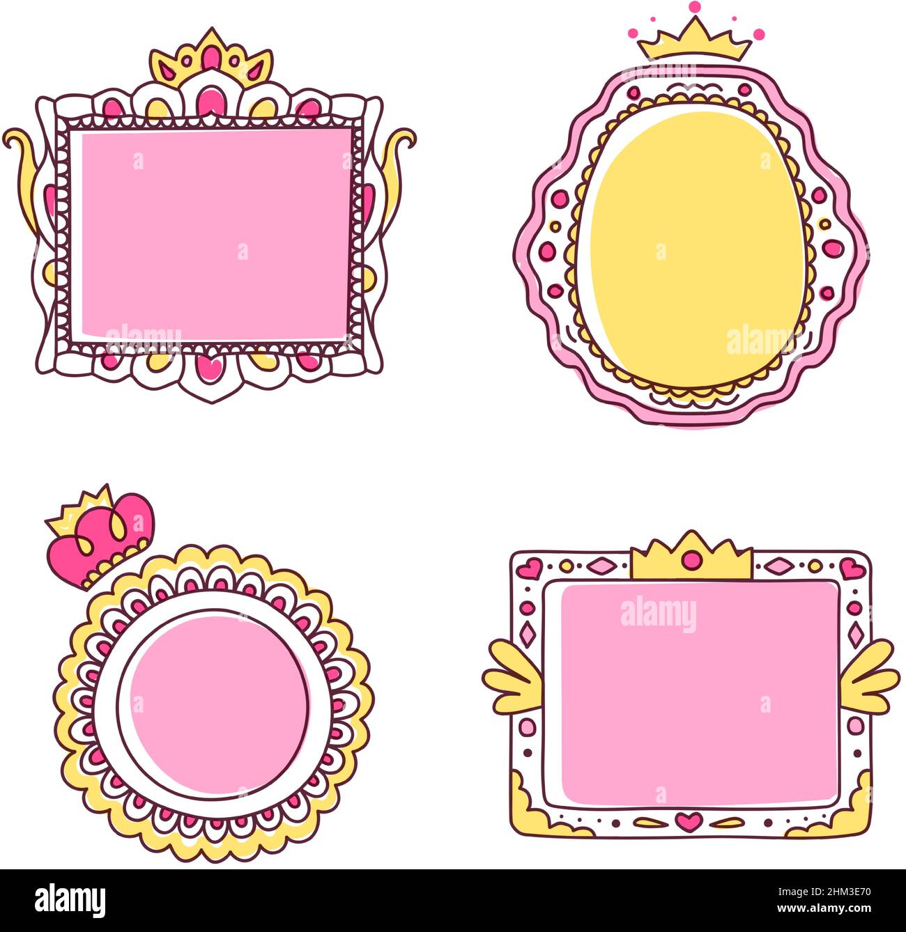 Bonitos marcos de princesa de color rosa dibujados a mano. Borde de espejo  con corona o tiara para la familia real. Marco de fotos para niñas o niños.  Conjunto de vectores aislados