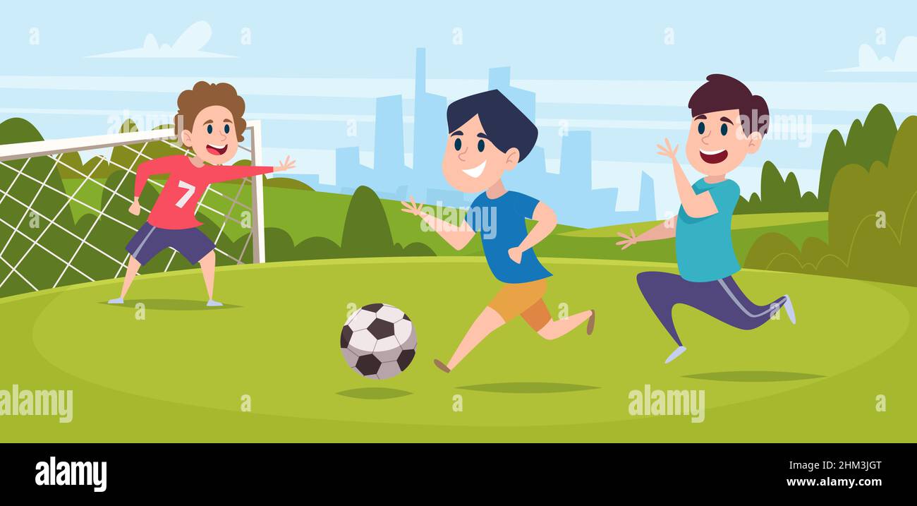 dibujos animados fútbol niños jugando fútbol juego en el campo