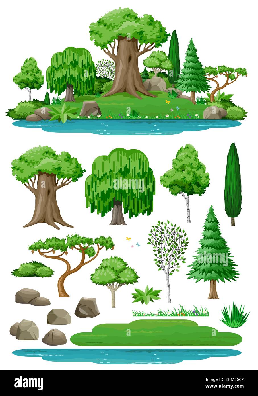 Conjunto de árboles para el diseño de paisajes. Gráficos vectoriales. Isla y lago. Lindo bosque de hadas o parque. Ilustración del Vector